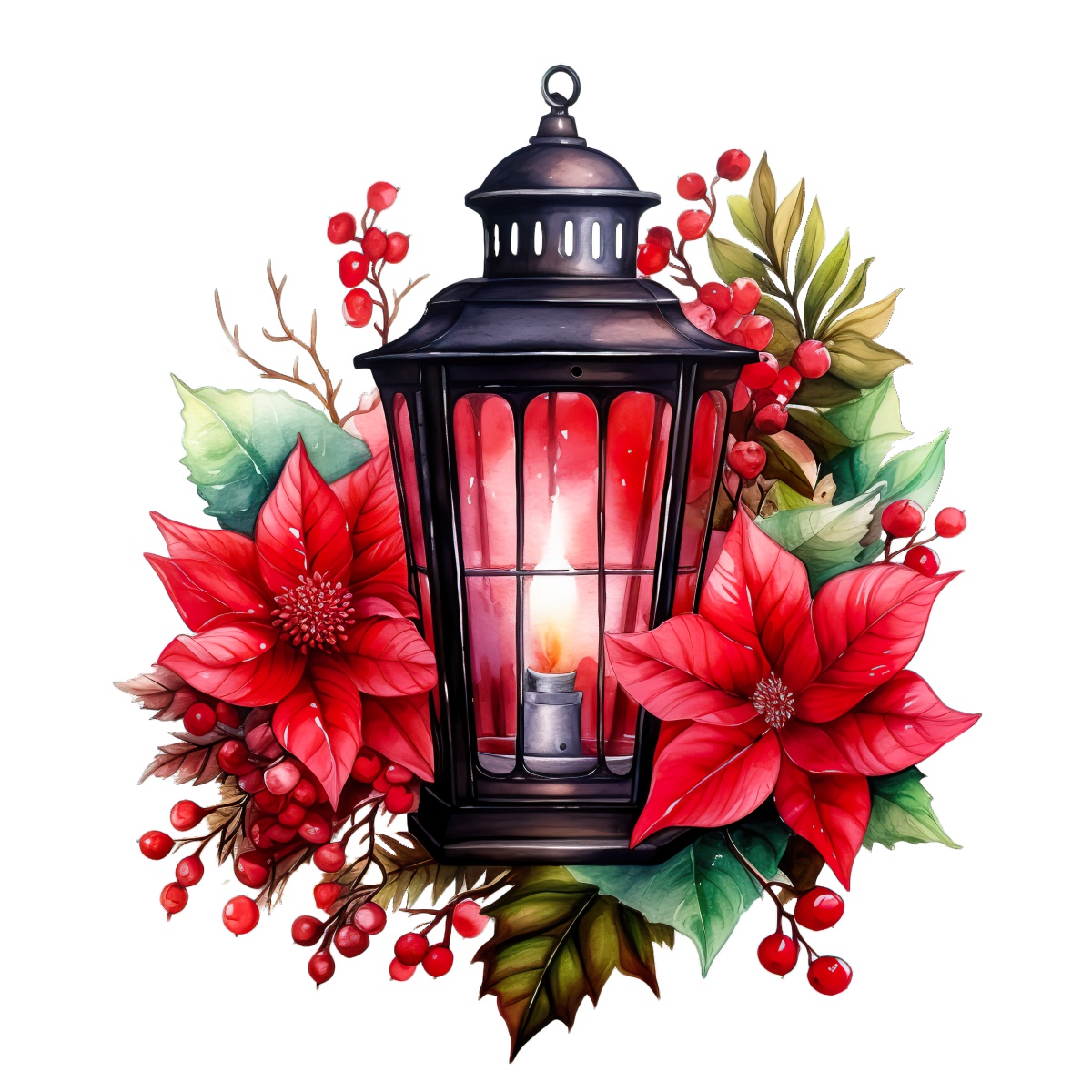 Festive Christmas lantern with poinsettias and red berries arrangement.