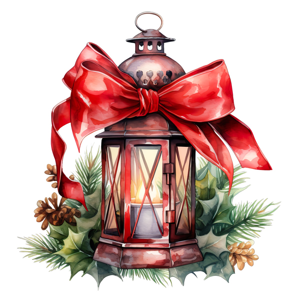 Festive Christmas lantern decorated with a red bow and surrounded by pine cones.