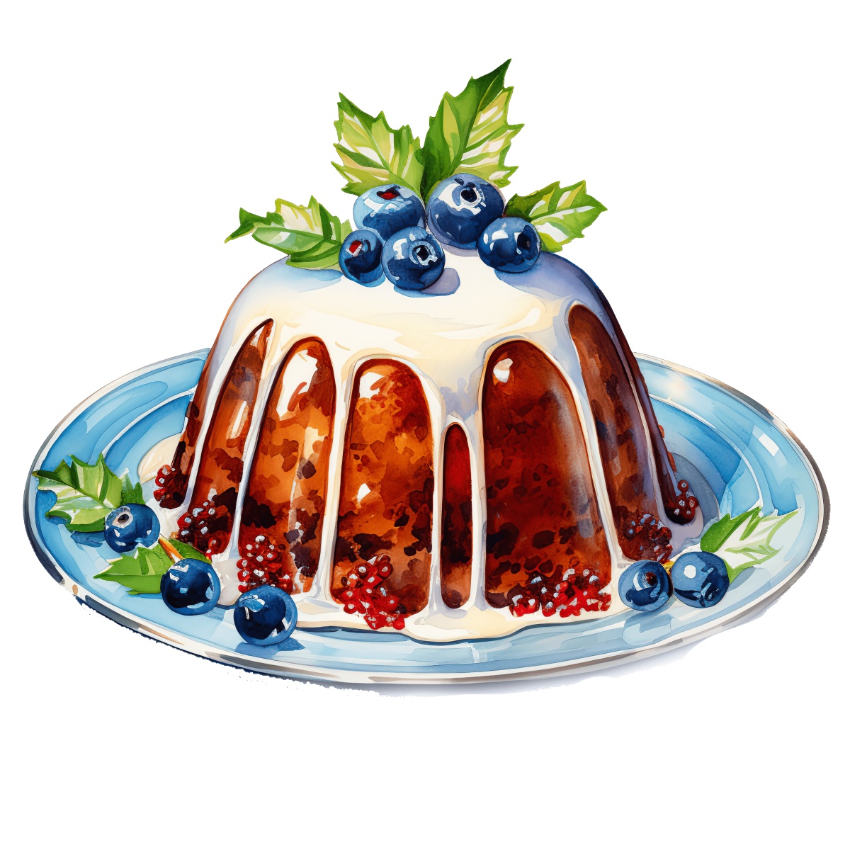 Christmas pudding with icing, decorated with blueberries and holly leaves on a plate.