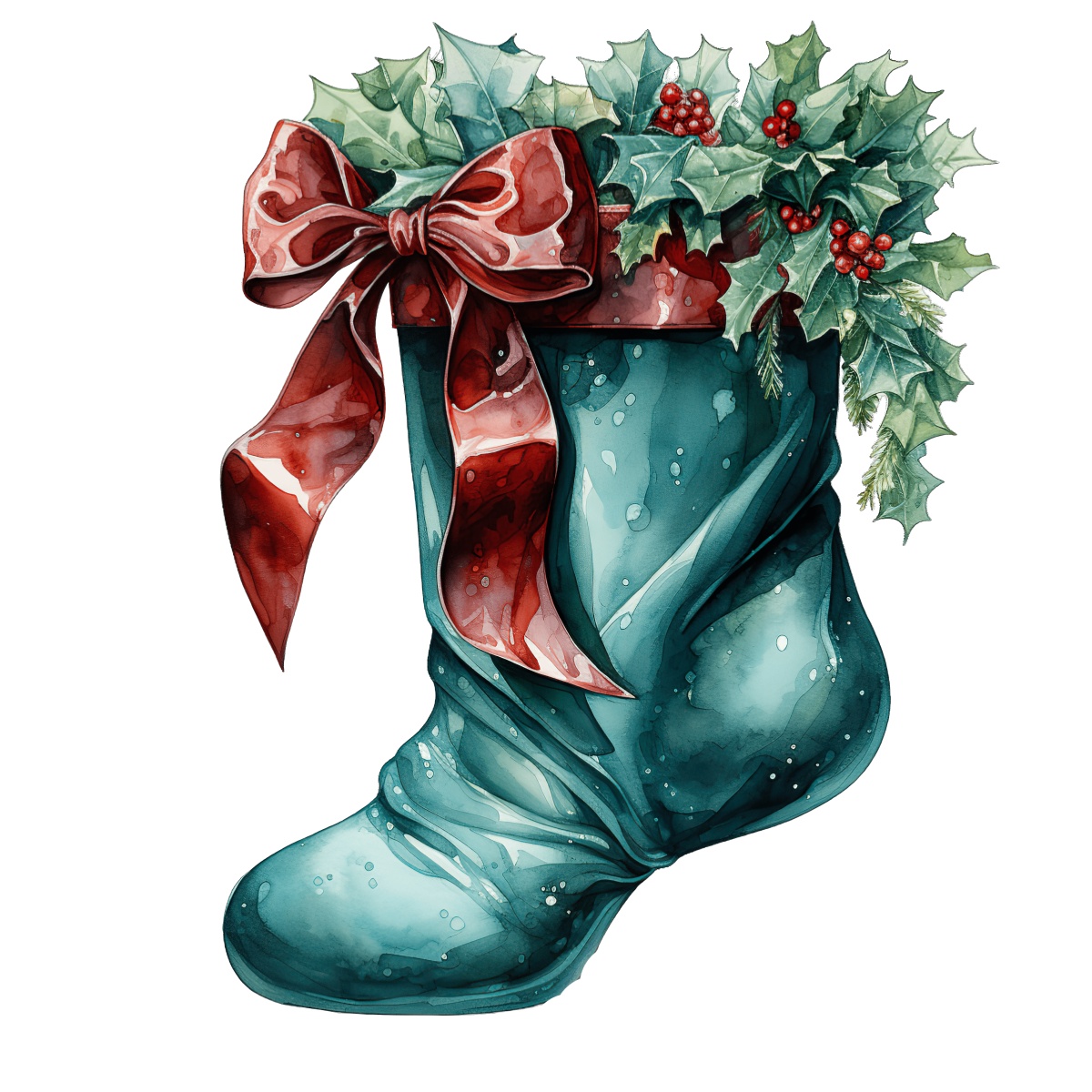 Christmas stocking decorated with holly and a red bow.