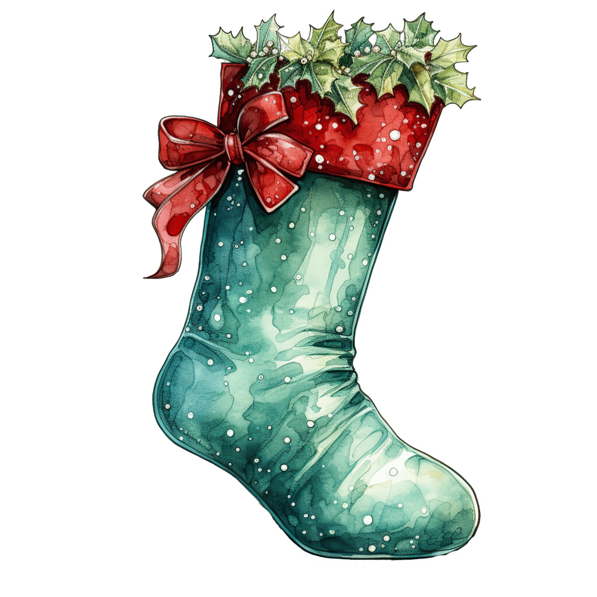 Green Christmas stocking with red bow and holly decoration on top.