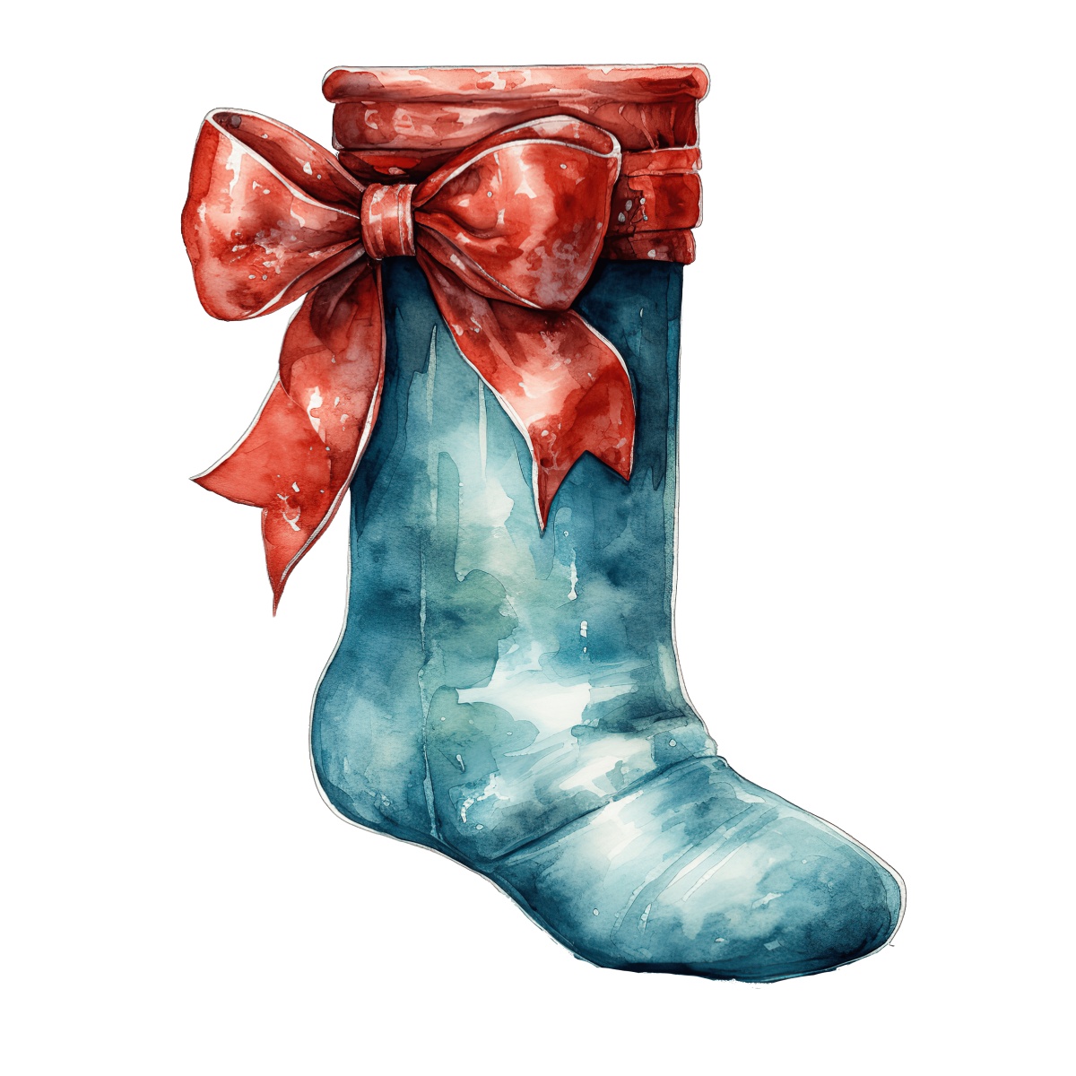 Watercolor illustration of a Christmas stocking with a red bow.