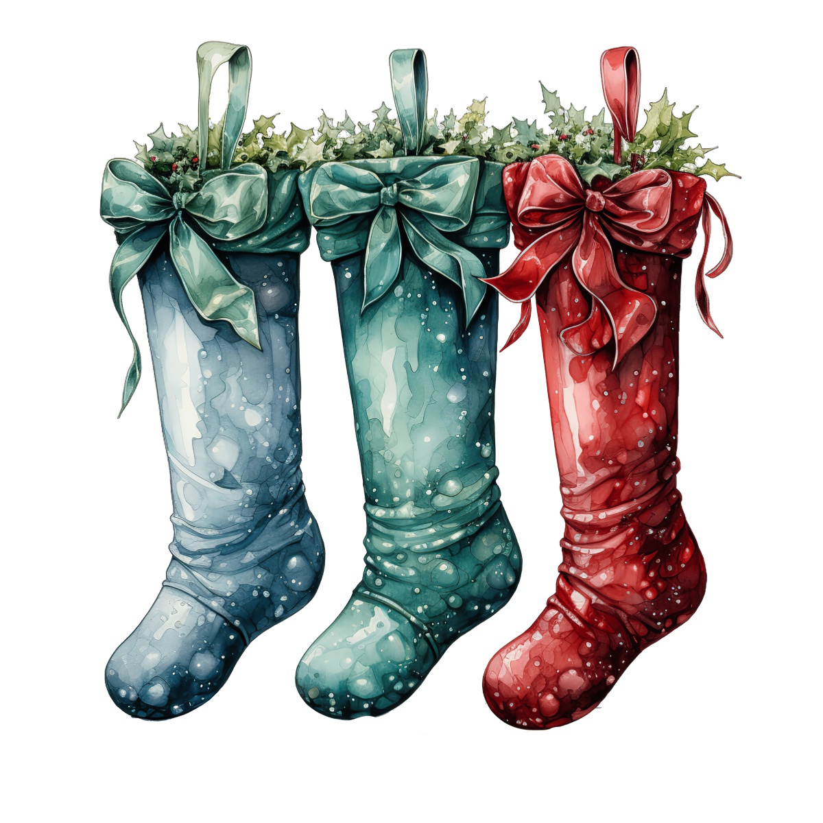 Red, blue, and green Christmas stockings with bows and holly decoration.