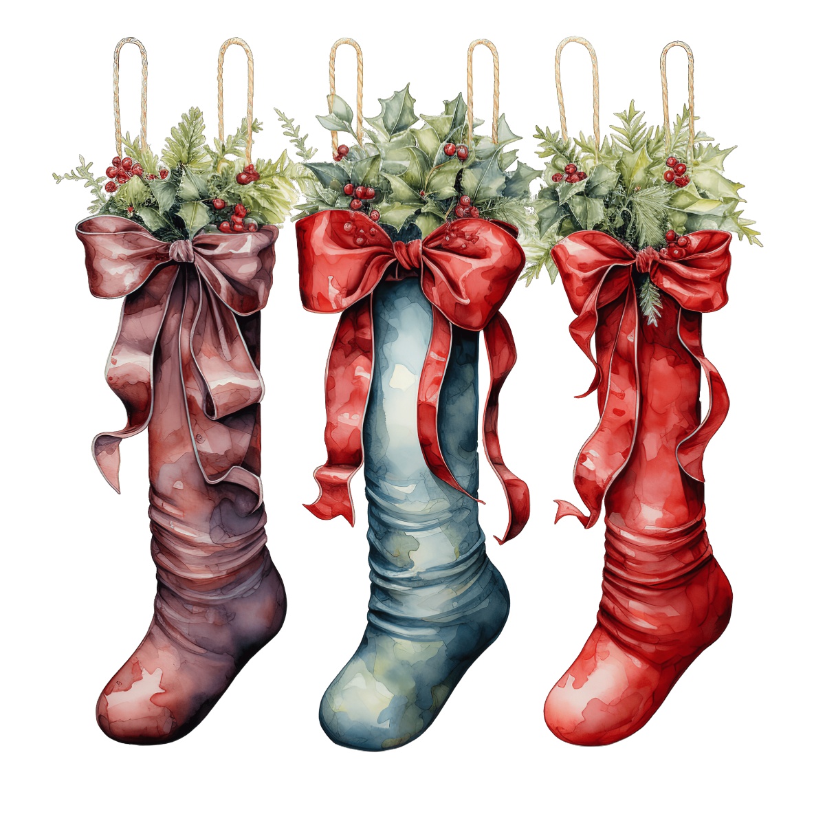 Christmas stockings decorated with holly and red ribbons on a black background.