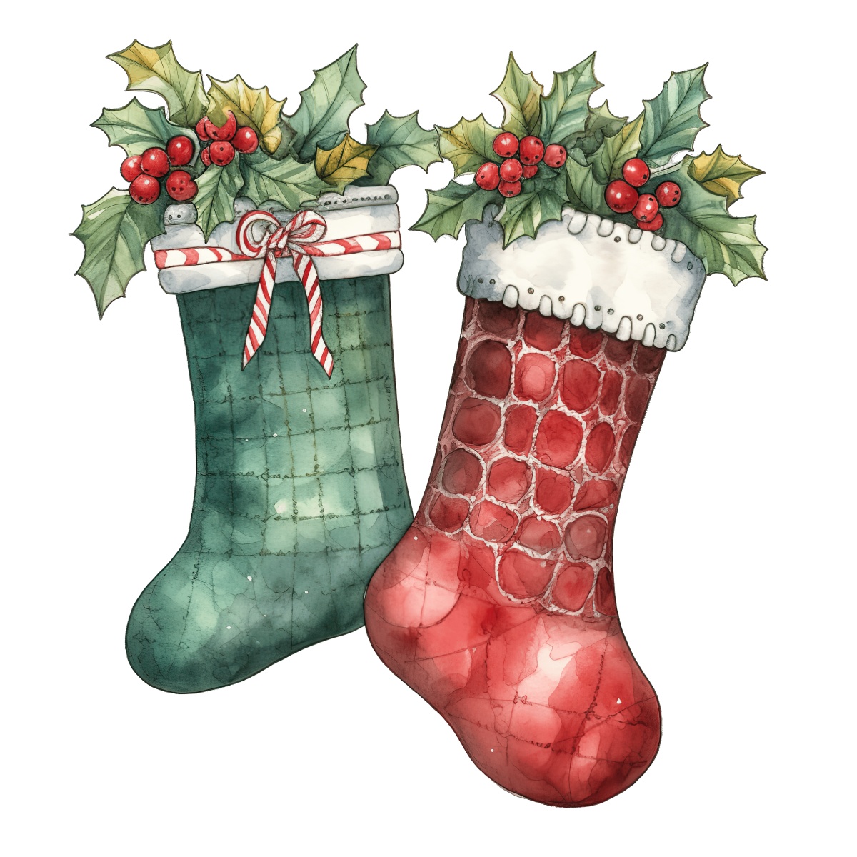 Illustration of red and green Christmas stockings with holly and berries.