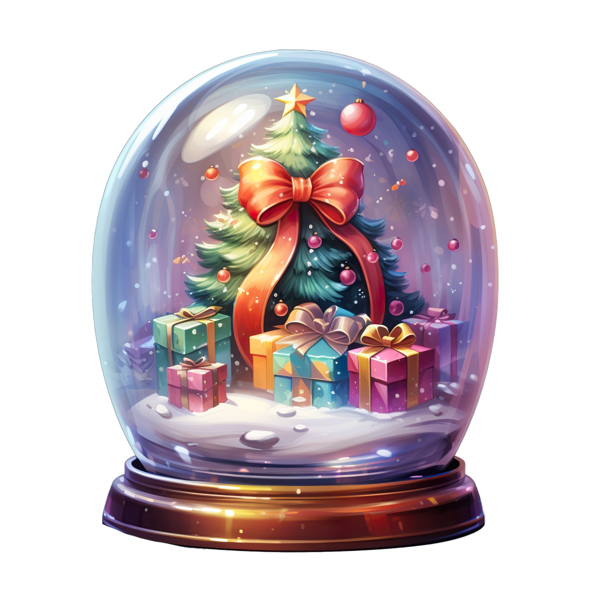 Christmas tree with gifts inside a snow globe with red ribbon.