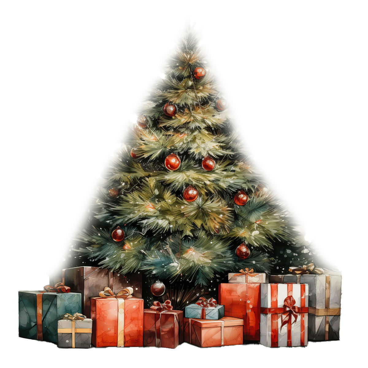 Christmas tree adorned with red ornaments and surrounded by wrapped gifts.