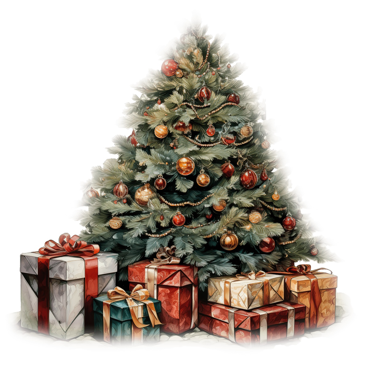 Christmas tree with ornaments and wrapped gifts placed around the base.