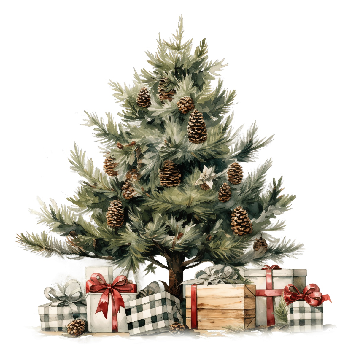 Christmas tree with pine cones and wrapped gifts beneath it.