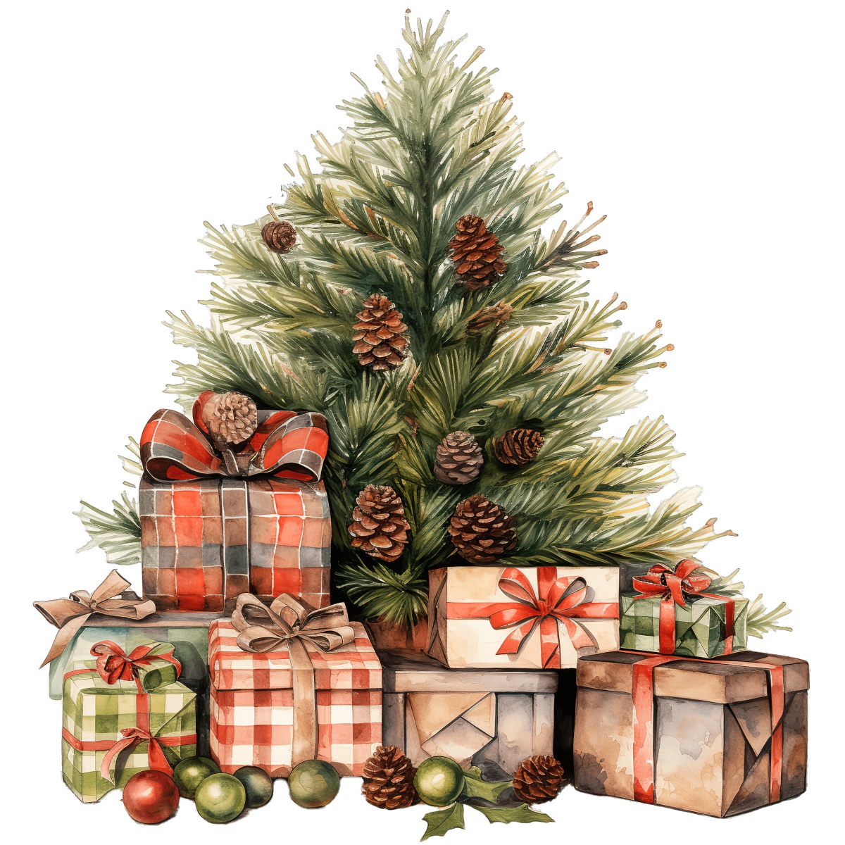 Christmas tree adorned with pinecones surrounded by wrapped gift boxes.