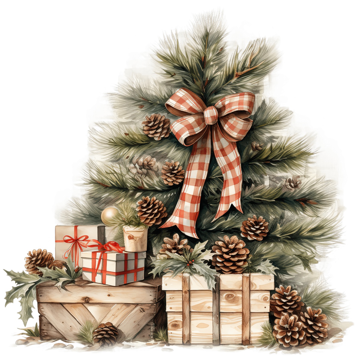 Christmas tree with pinecones, bow, and gift boxes for holiday decoration.