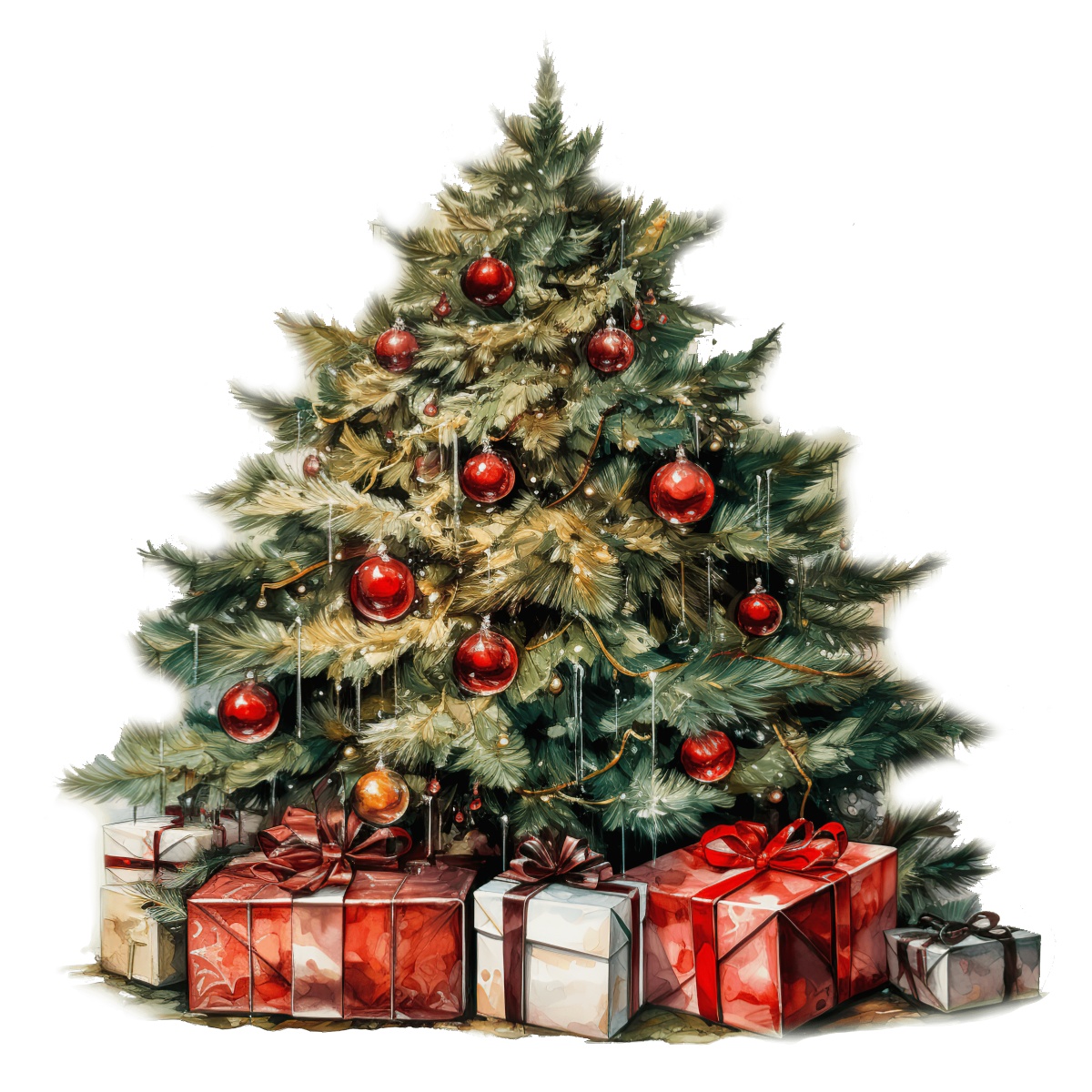 Christmas tree decorated with red baubles and presents underneath.