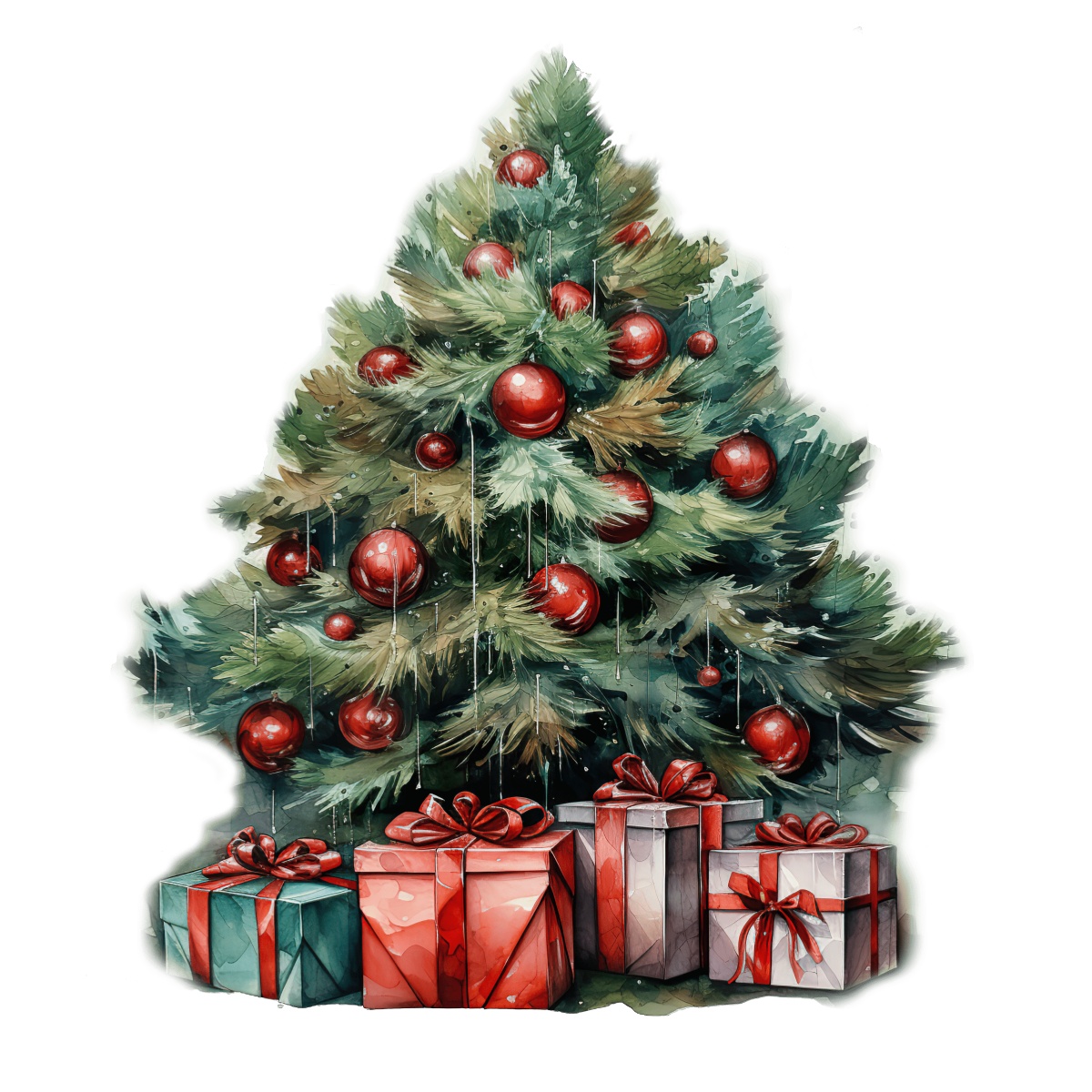 Christmas tree with red baubles and wrapped gifts underneath on a transparent background.