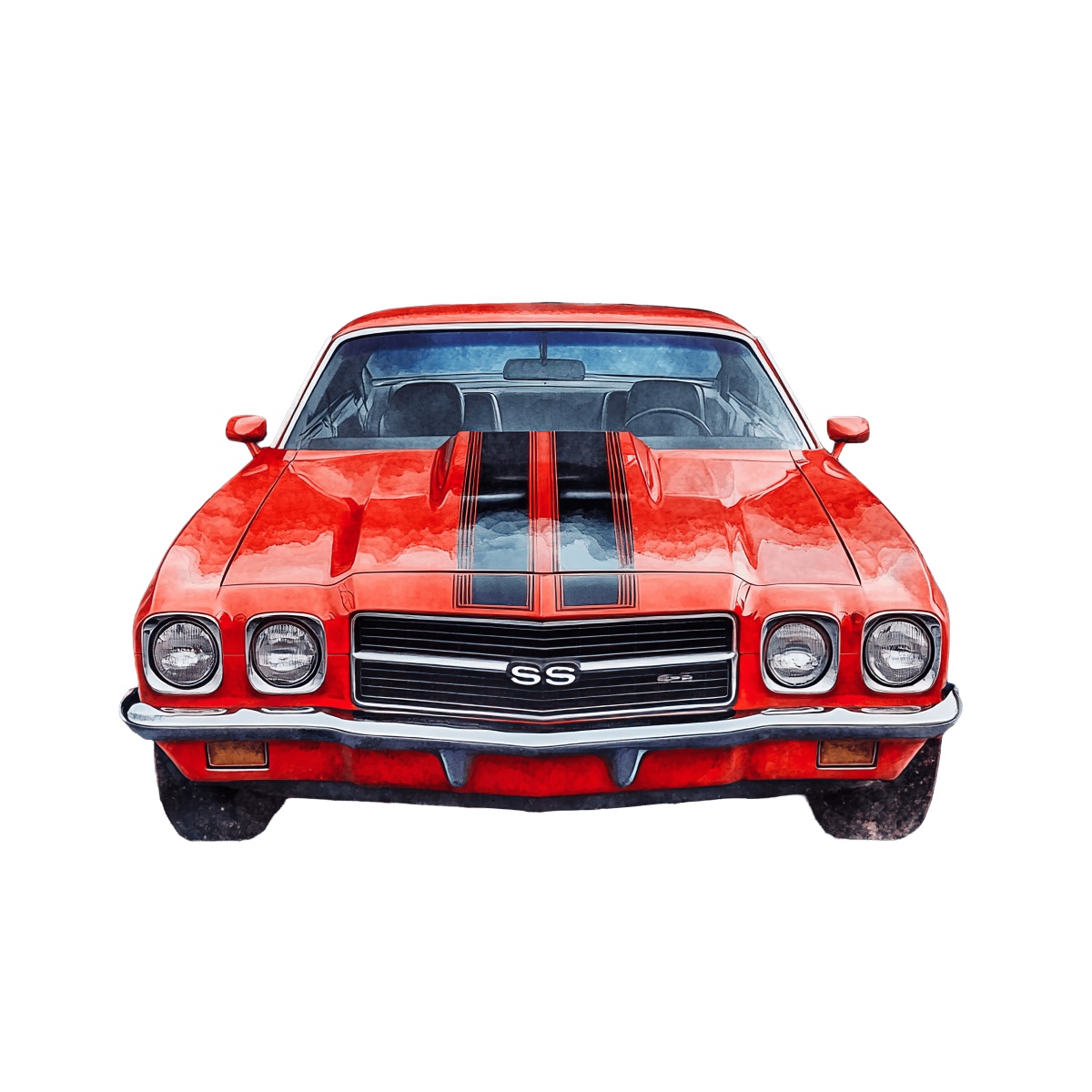 Classic red muscle car with black racing stripes viewed from the front.