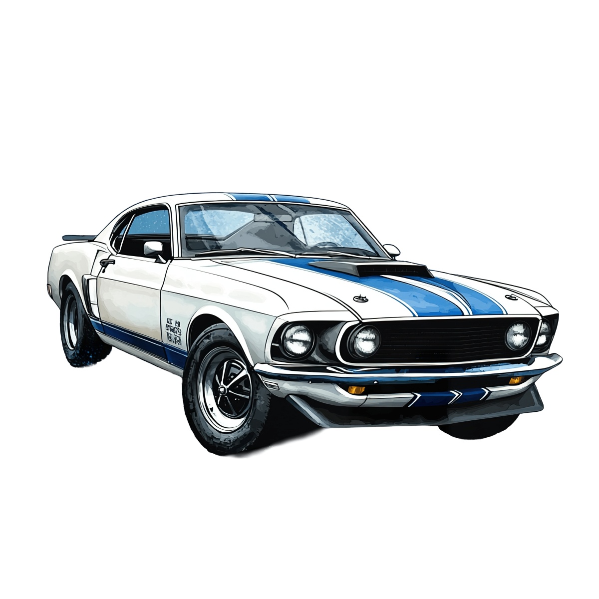 Illustration of a classic white muscle car with blue racing stripes and chrome details.