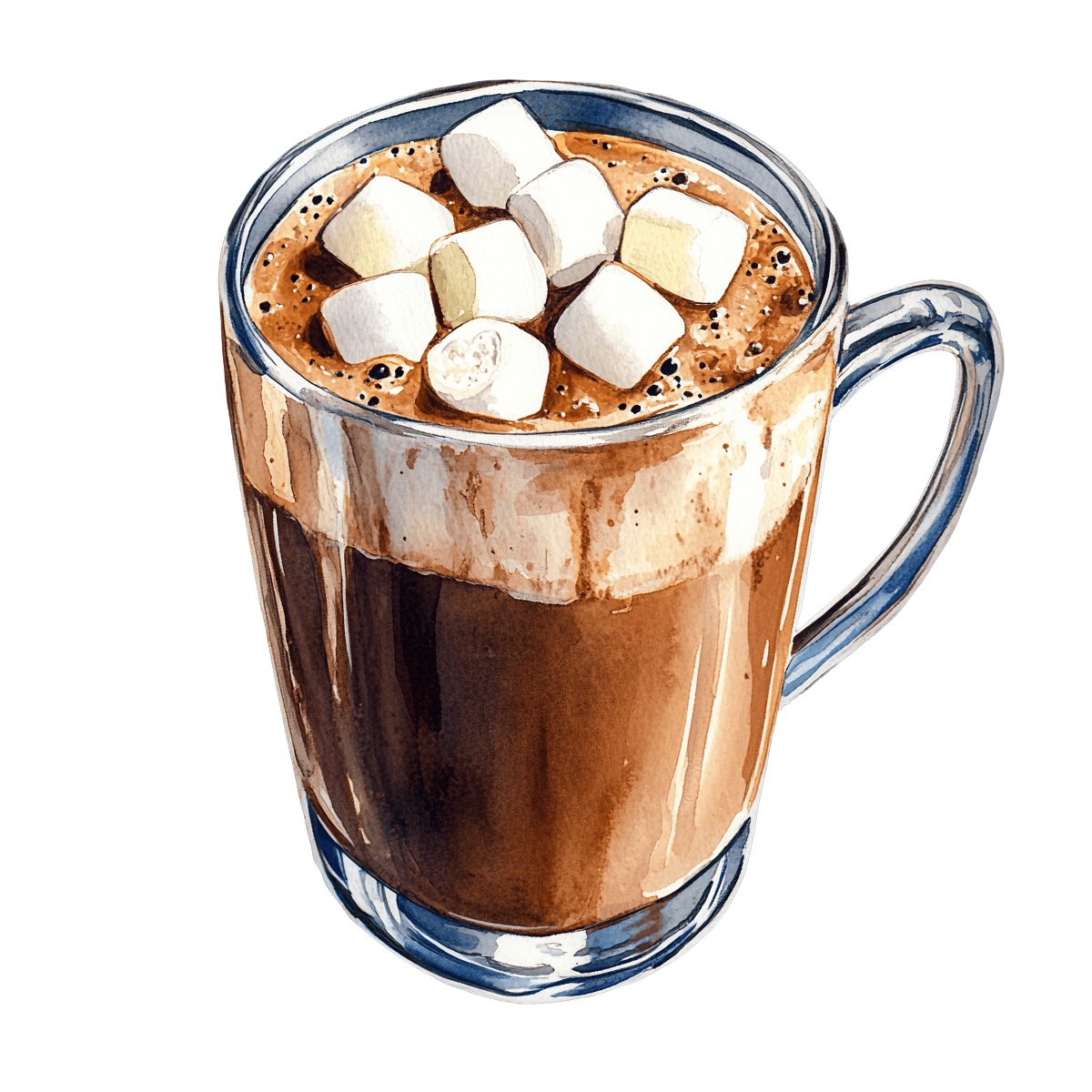 Clear glass mug containing hot chocolate with marshmallows on top.