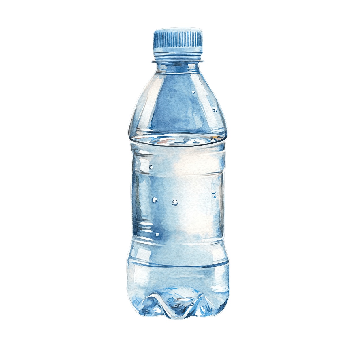 Transparent plastic water bottle with a blue cap.