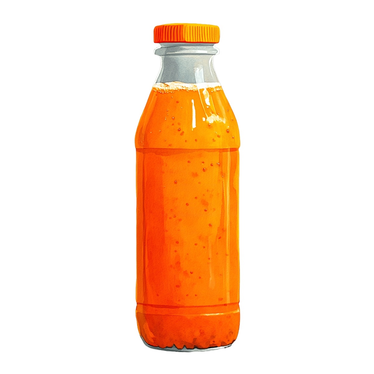 Orange soda bottle with bubbles and orange cap in clipart style.