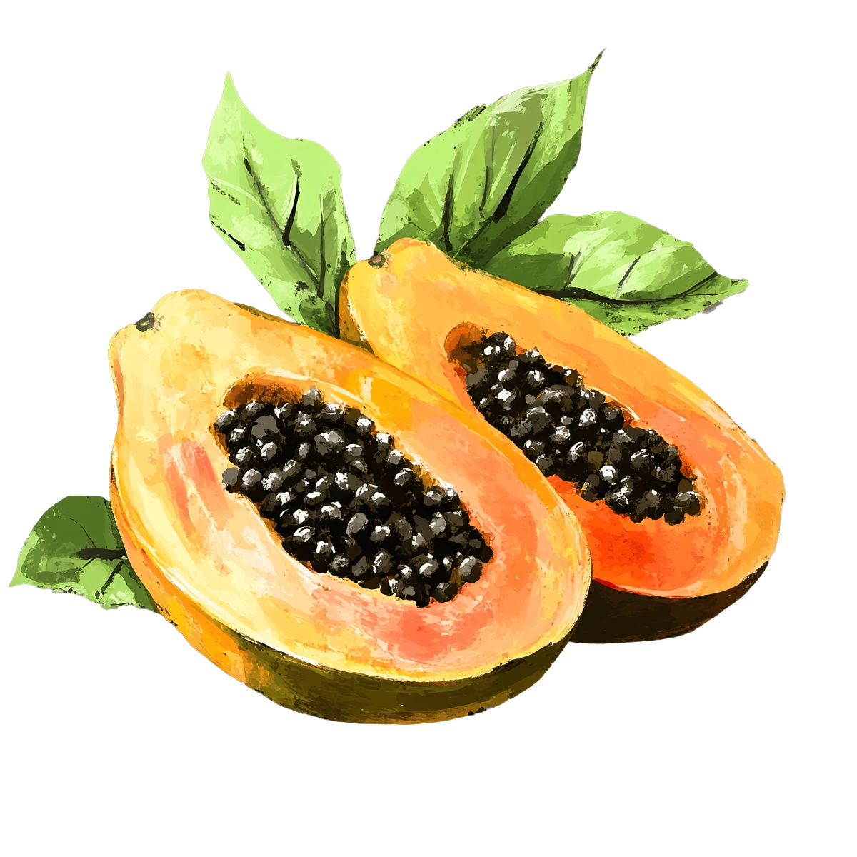 Papaya halves with seeds and green leaves in a colorful clipart design.