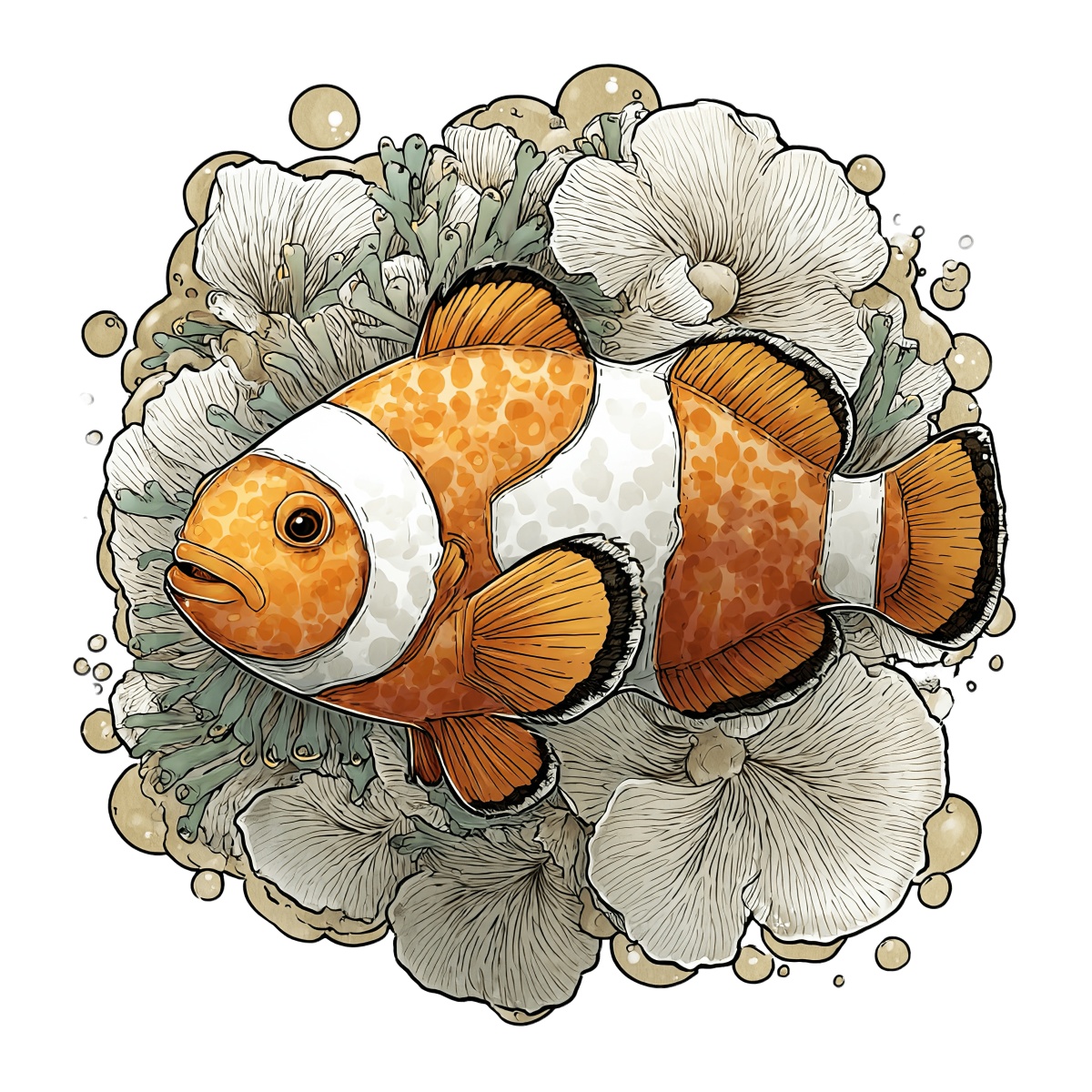 Clownfish swimming among sea anemone and bubbles