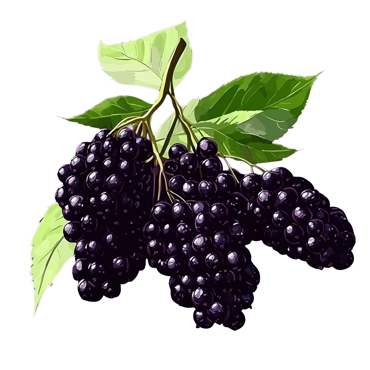 Black elderberries with green leaves on a branch.