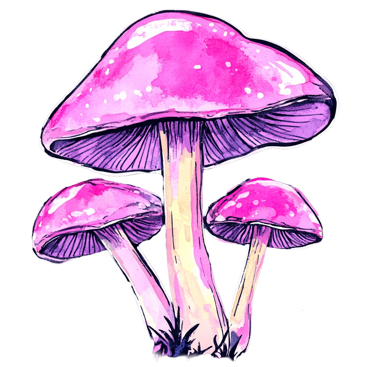 Pink mushrooms with detailed caps and stems in a cluster.