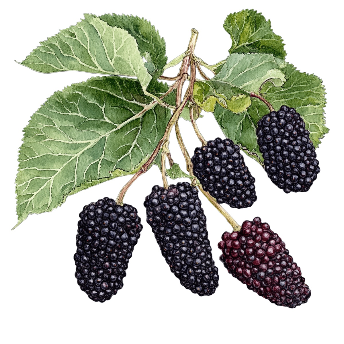 Mulberries hanging from a branch with green leaves in a clipart style.