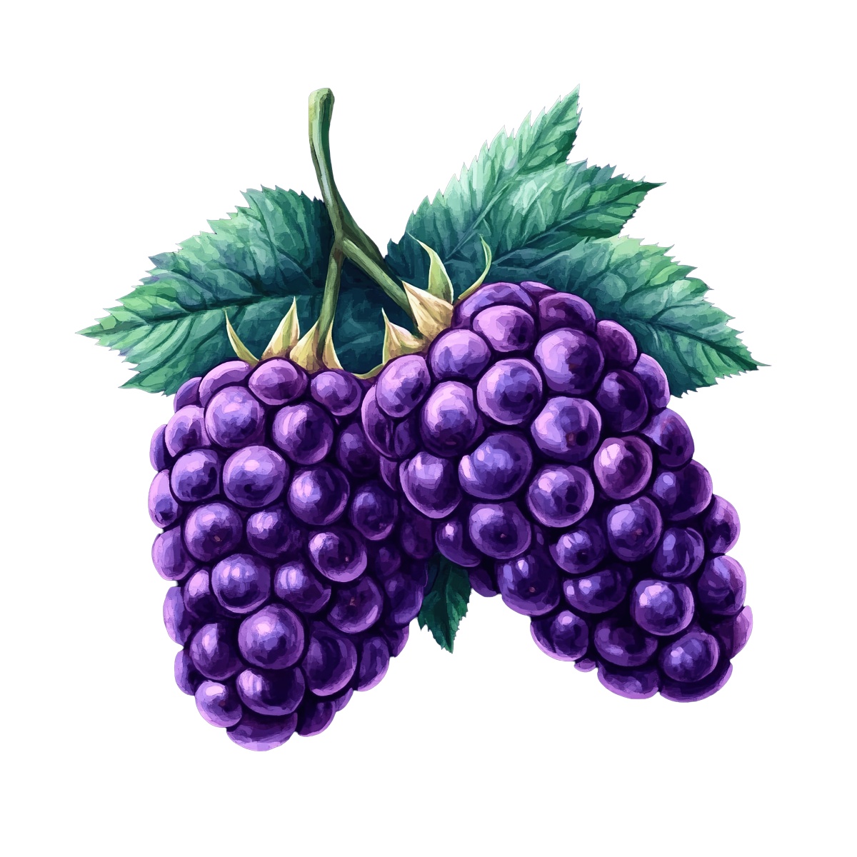 Purple blackberries with green leaves on a branch.
