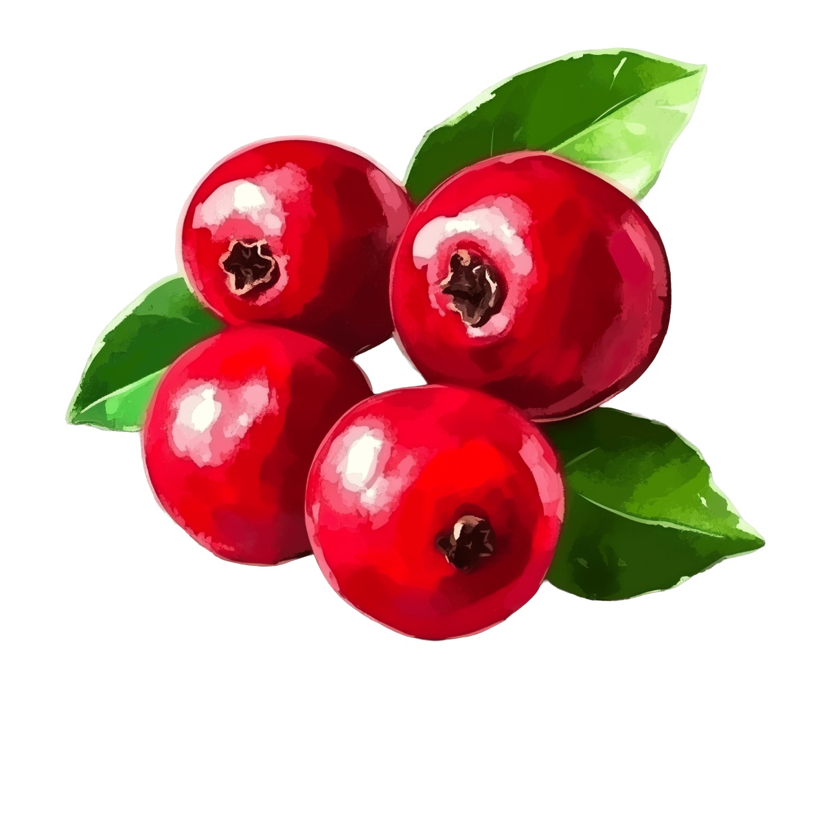 Red cranberries with green leaves.