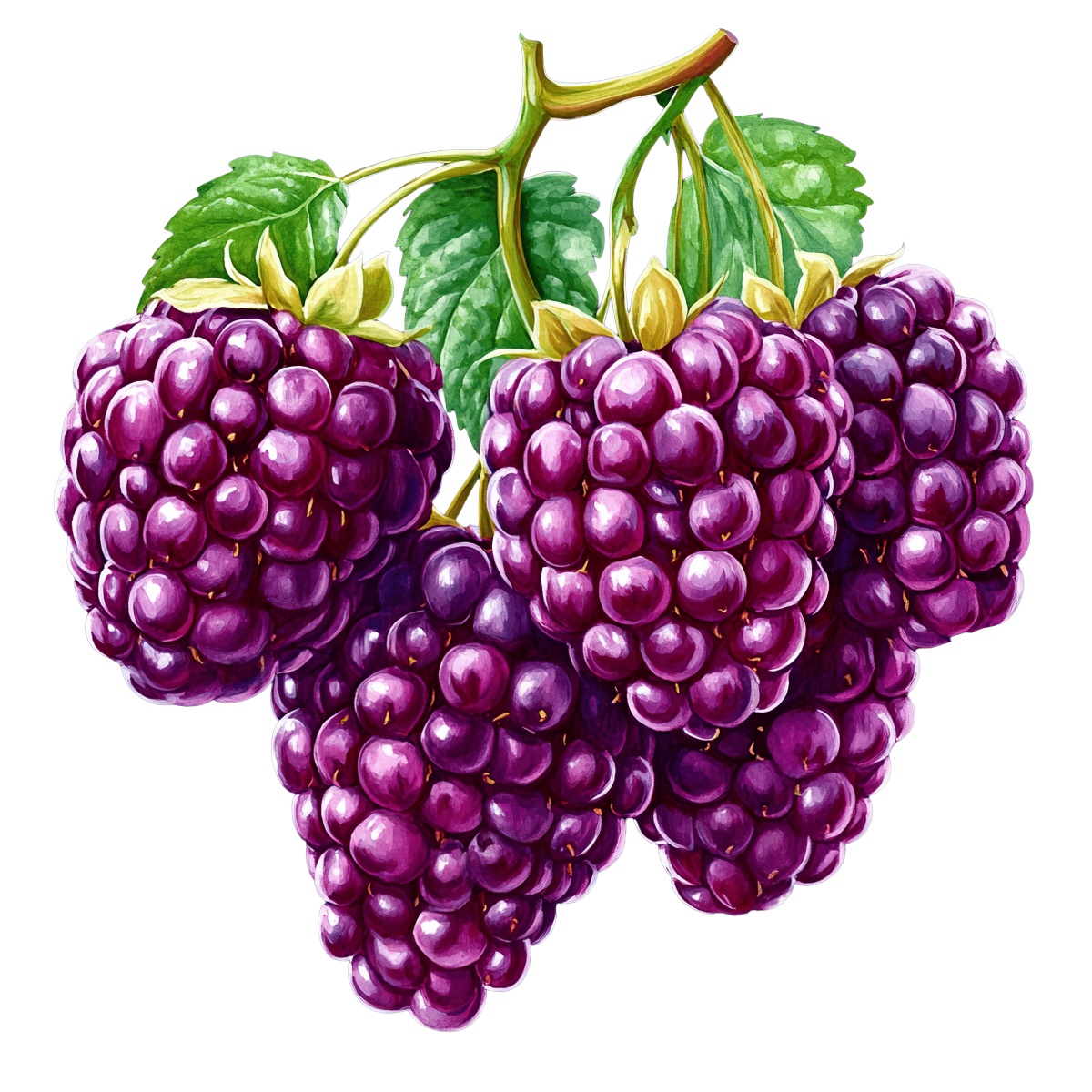 Ripe blackberries on a branch with green leaves.