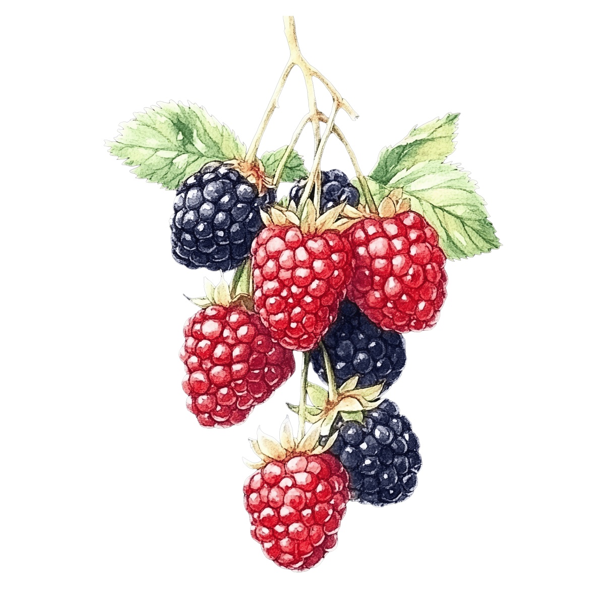 Ripe blackberries and raspberries with green leaves on a branch.
