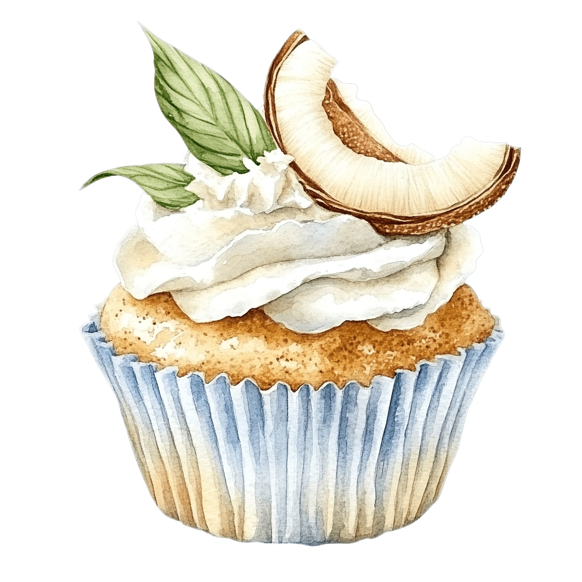 Coconut cupcake with cream topping and decorative leaves on top.