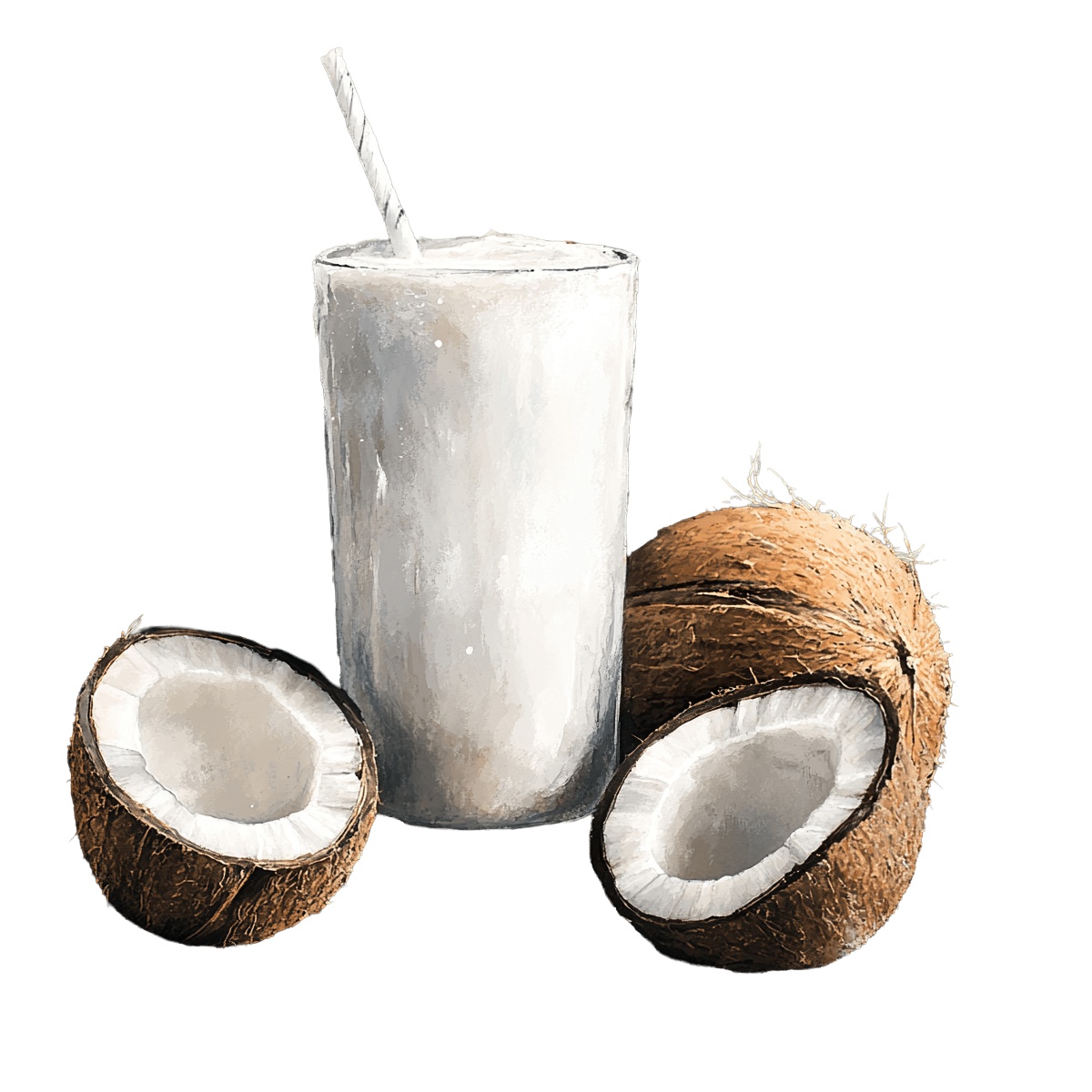 Coconut drink in a glass with whole and halved coconuts.