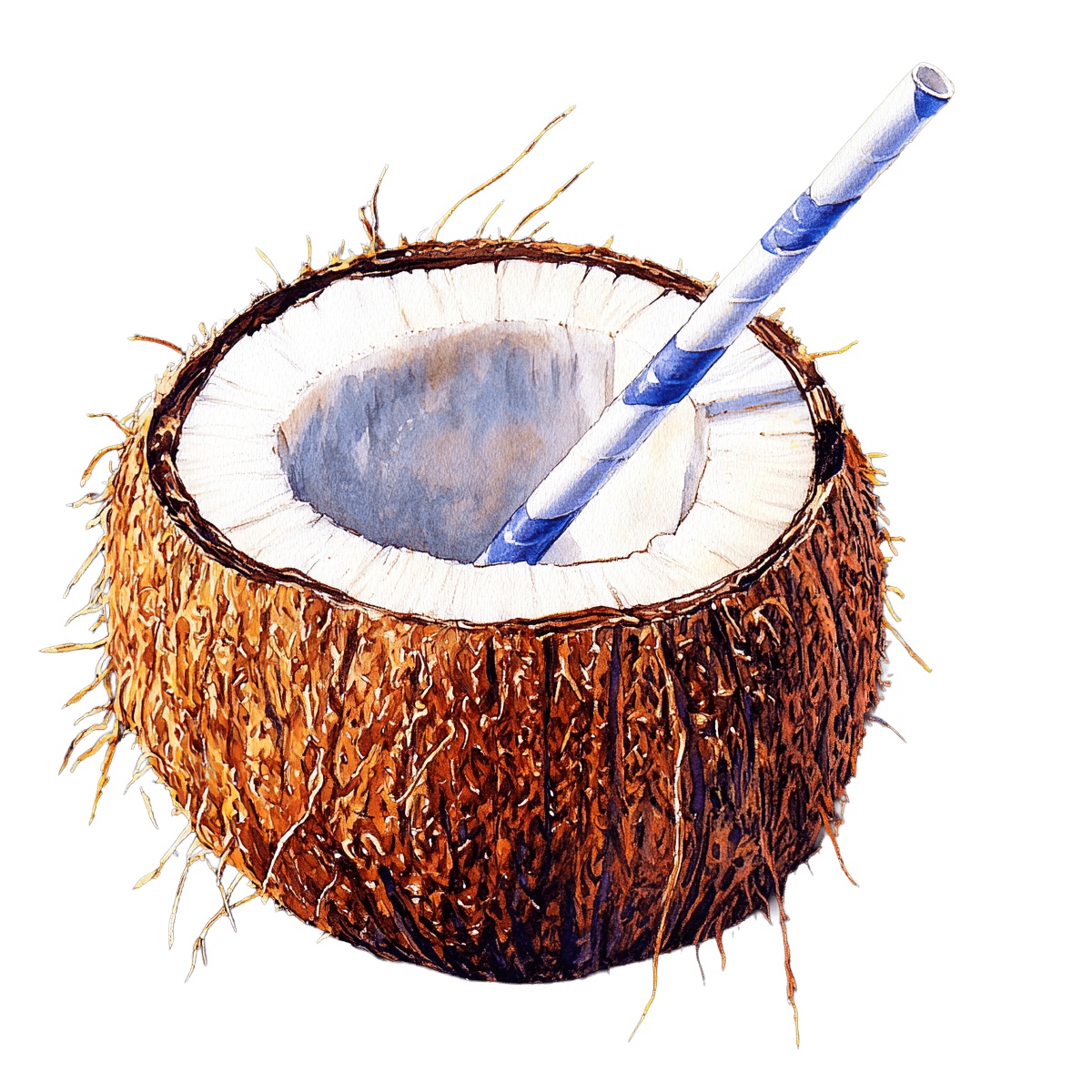 Coconut half with a blue and white straw for a refreshing drink.