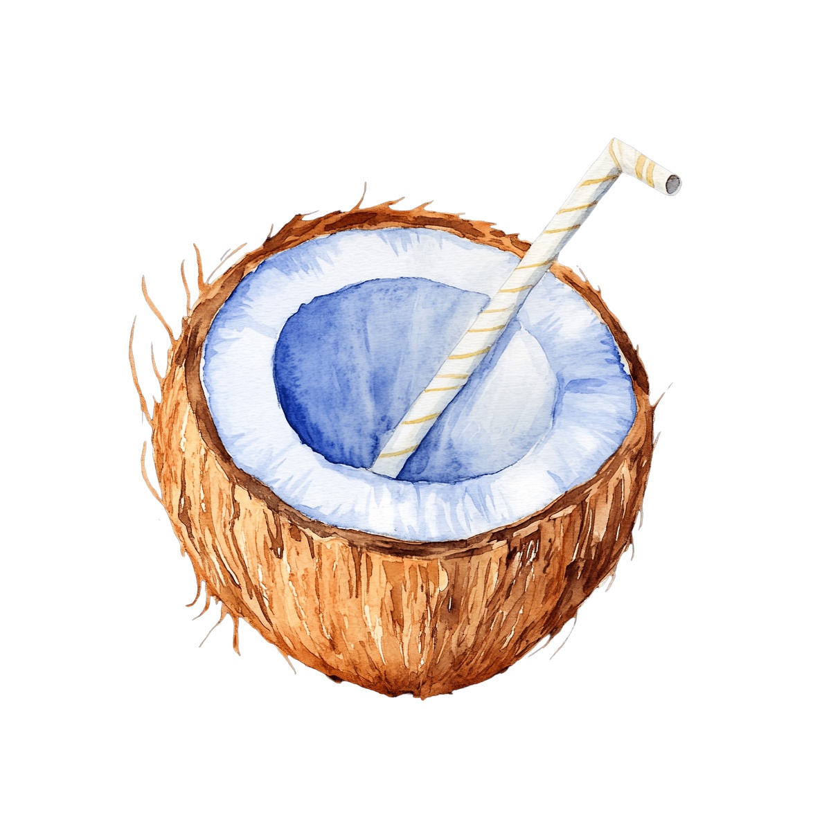 Coconut half with a straw, perfect for tropical drink illustrations.
