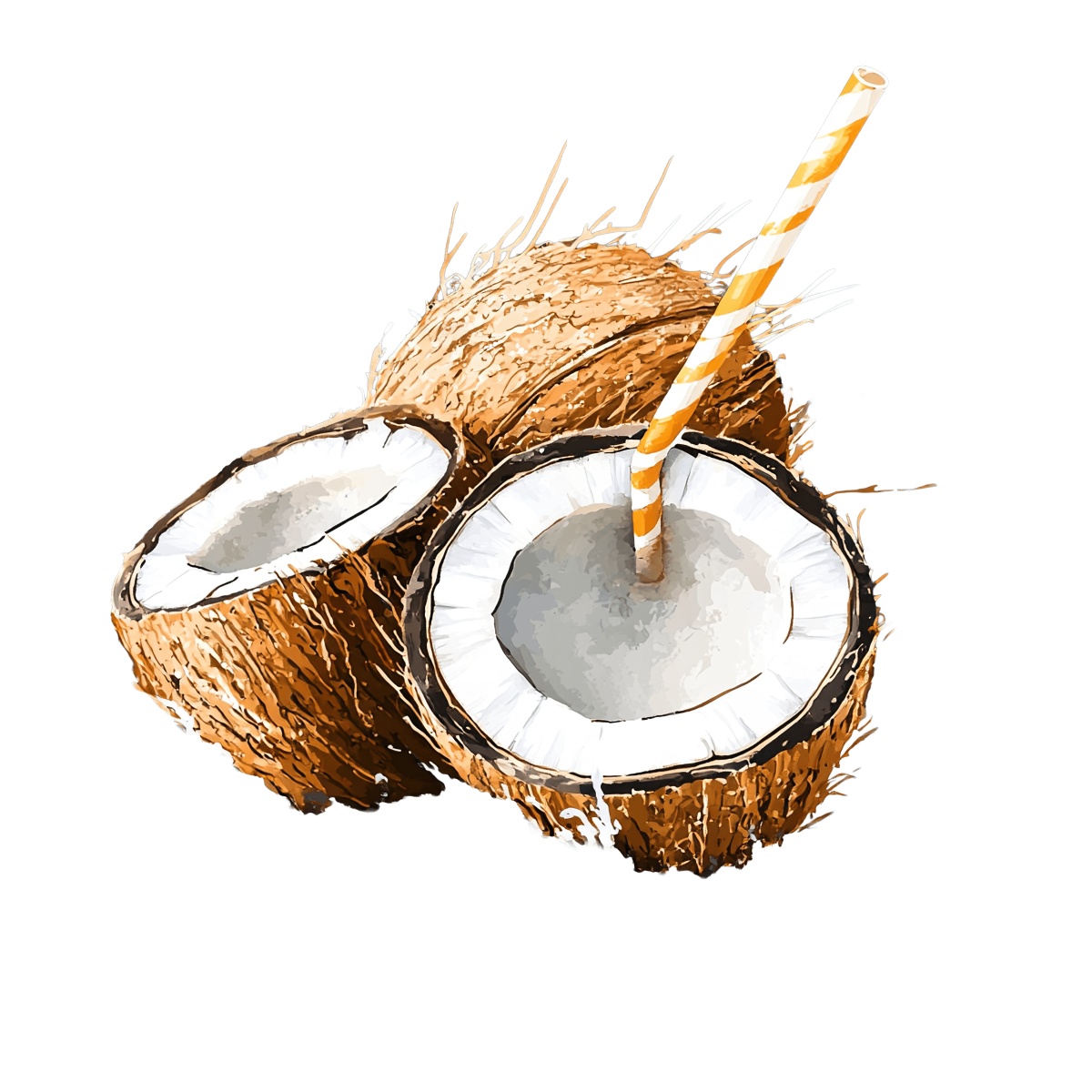 Coconut halves with a striped straw, ideal for tropical drinks.