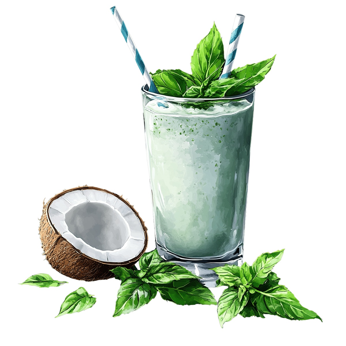 Coconut mint smoothie in a glass with fresh mint leaves and coconut.