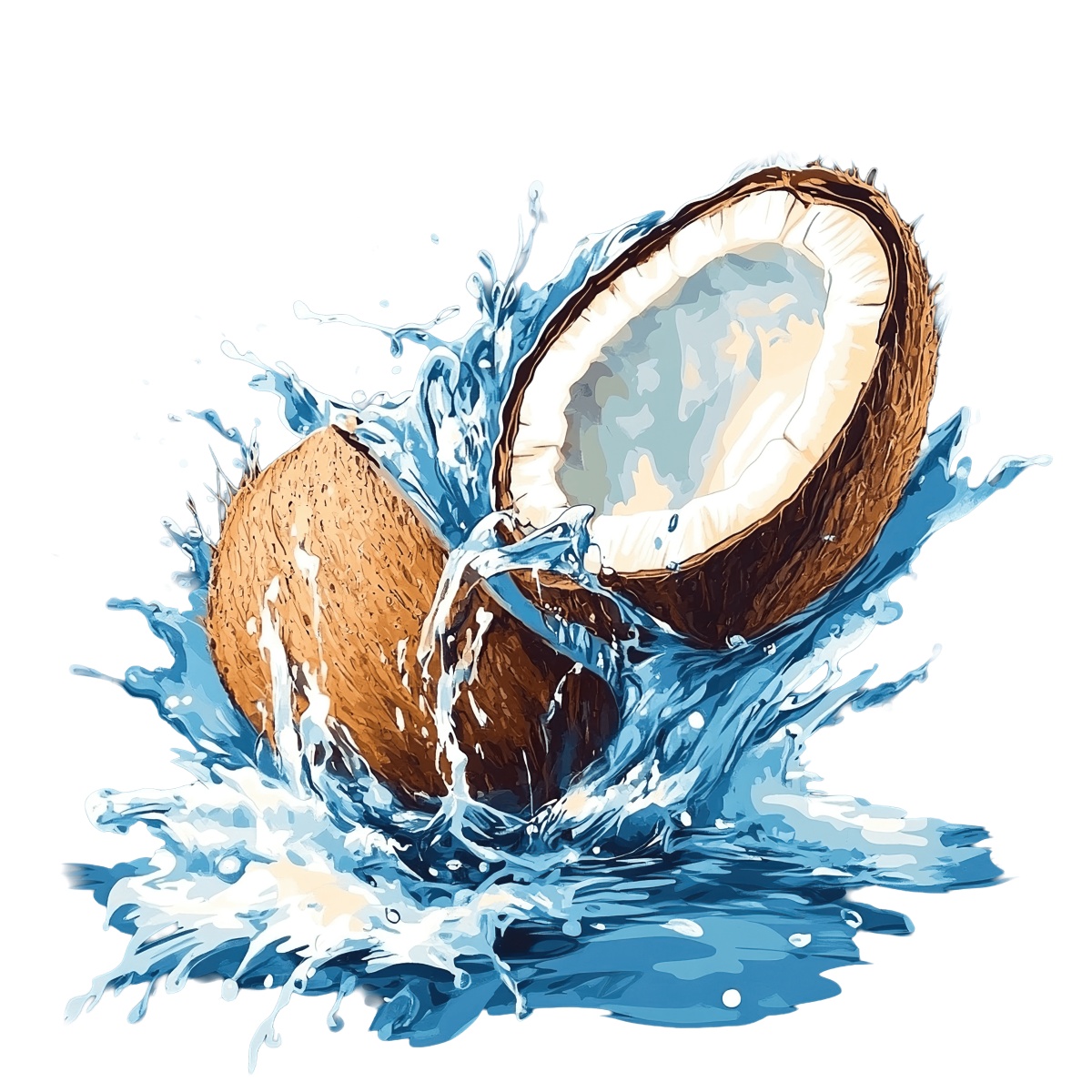 Coconut halves splashing in water with a vibrant blue background.