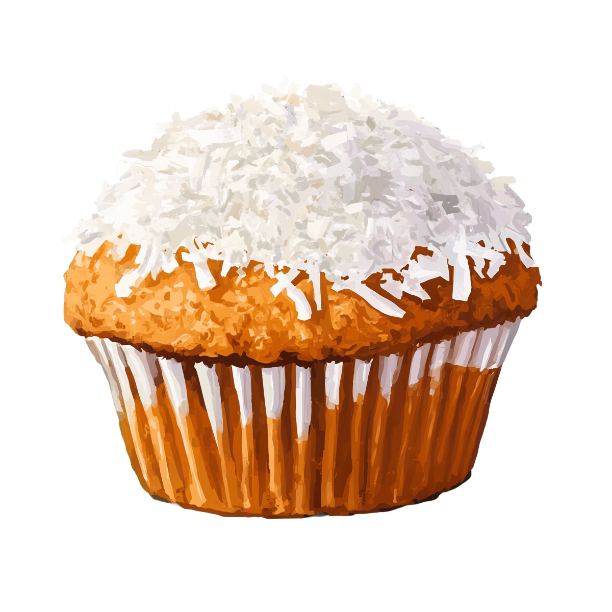 Muffin with white frosting and shredded coconut topping.