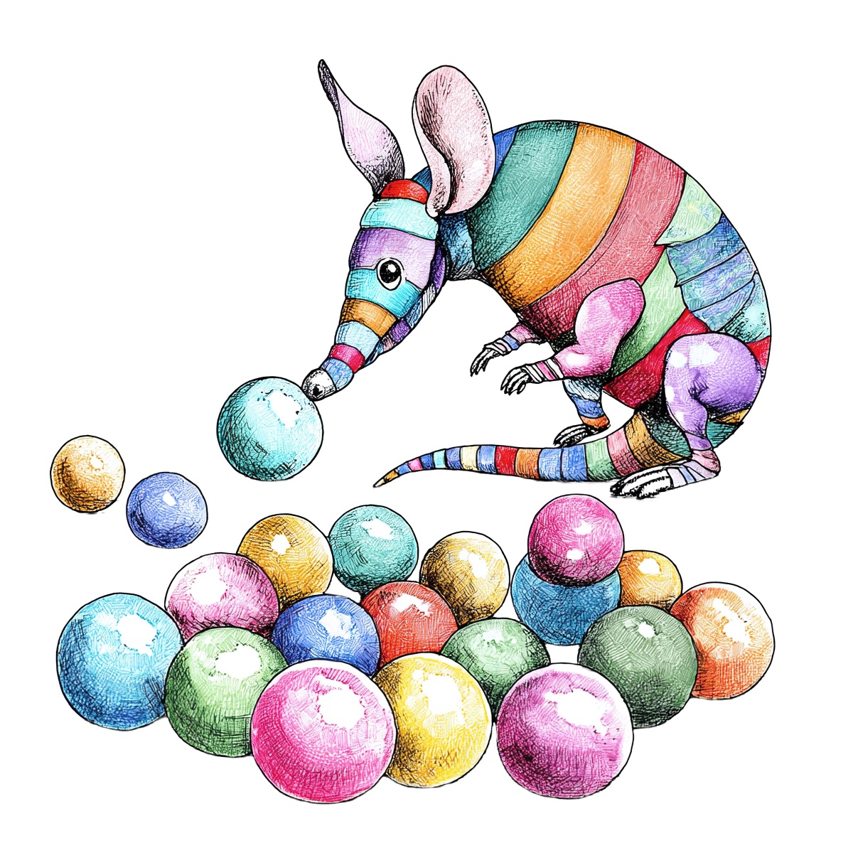 A colorful armadillo surrounded by multicolored spheres on a black background.