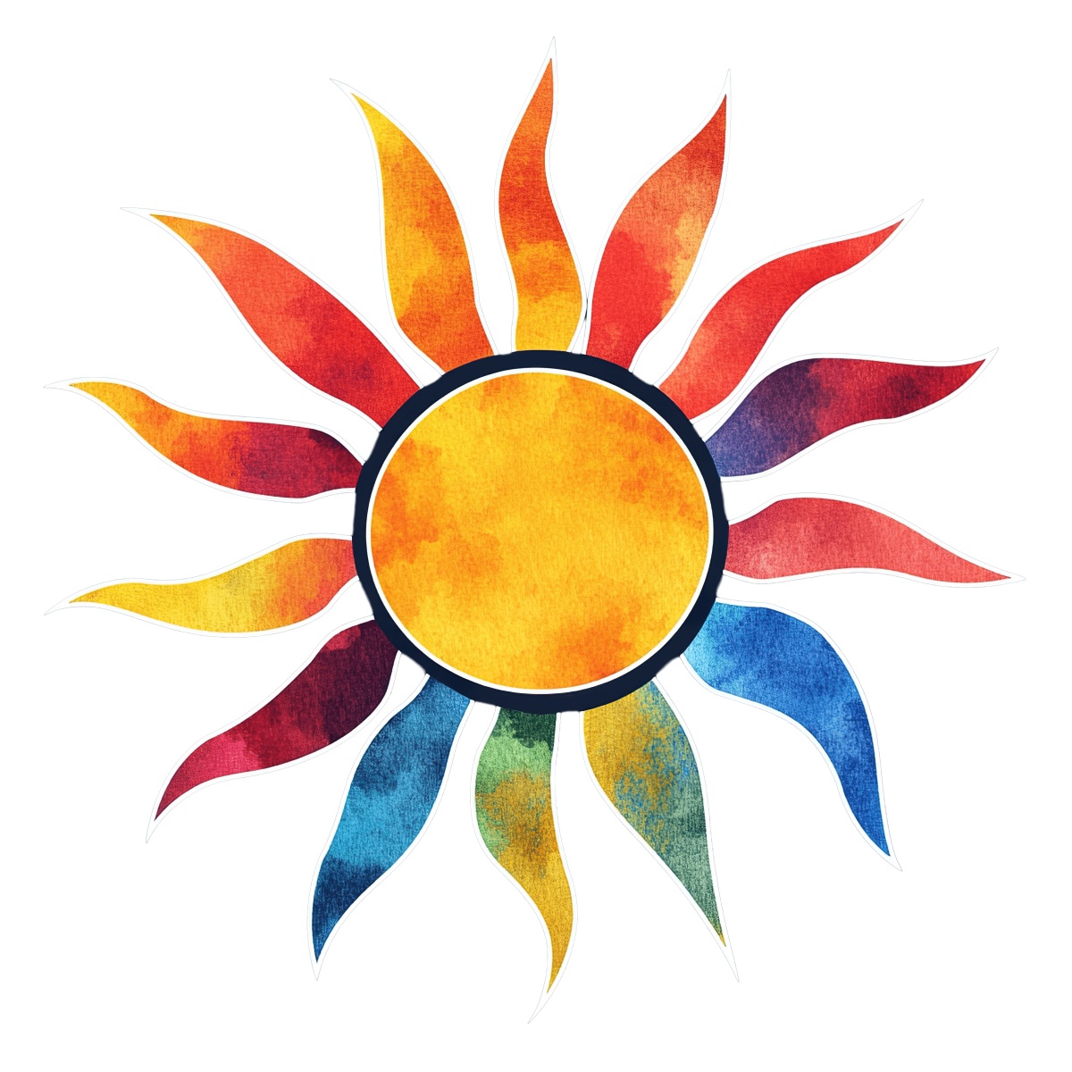 Artistic sun with vibrant multicolored rays in watercolor style on black background.
