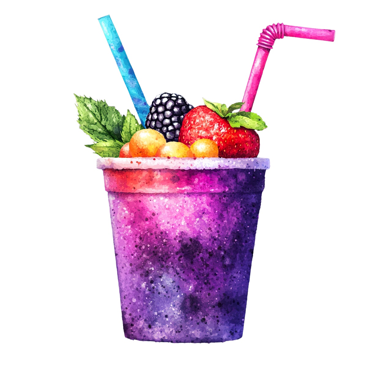 Vibrant smoothie with berries and two straws in a colorful cup.