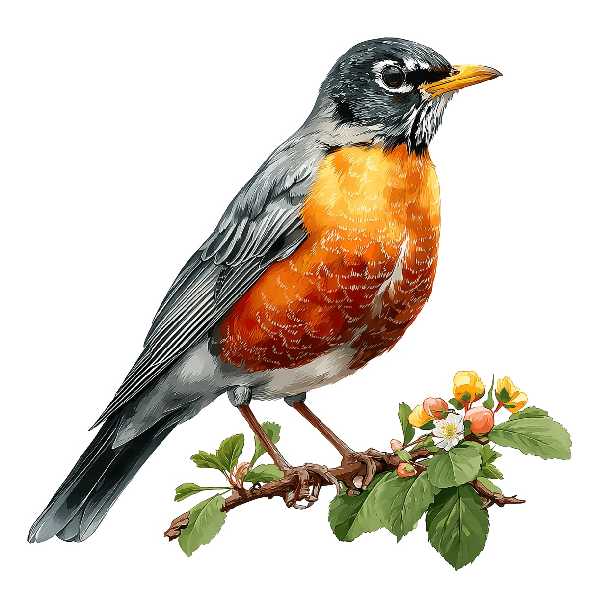 Colorful bird perched on orange chest flowering branch