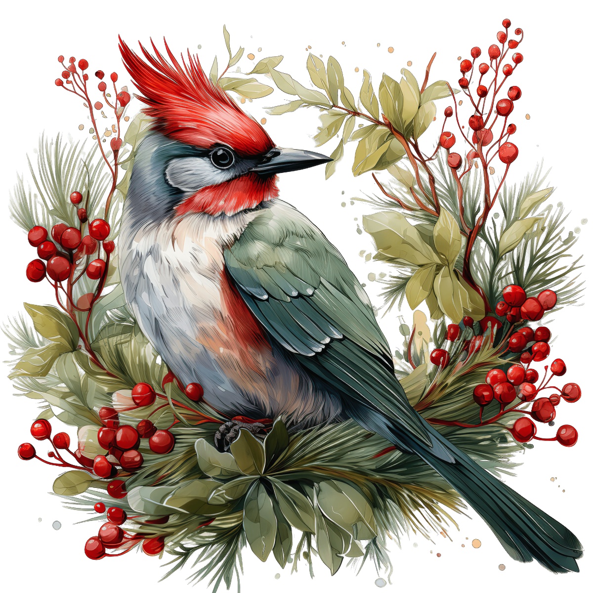 Detailed illustration of a bird with red crest and vibrant feathers in foliage.