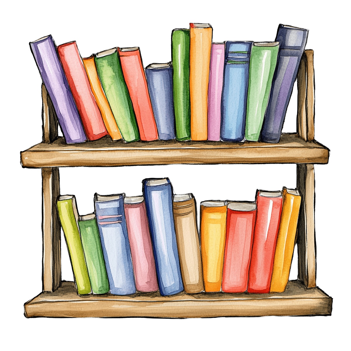Colorful books arranged on two wooden shelves in watercolor style.