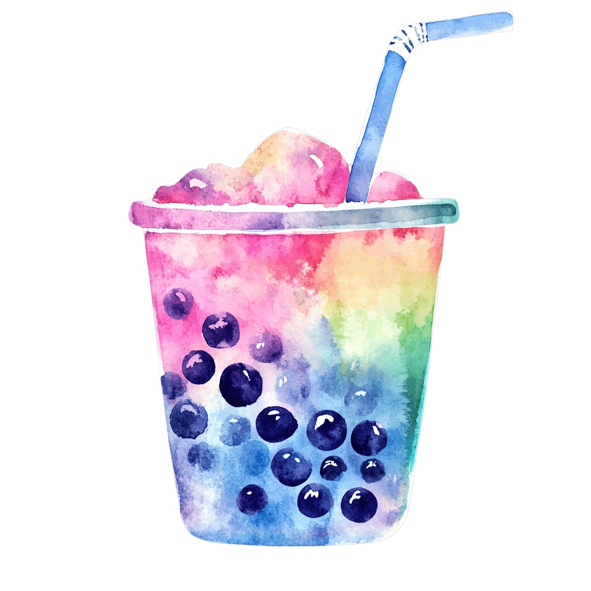 Rainbow-colored bubble tea cup with tapioca pearls and a straw.