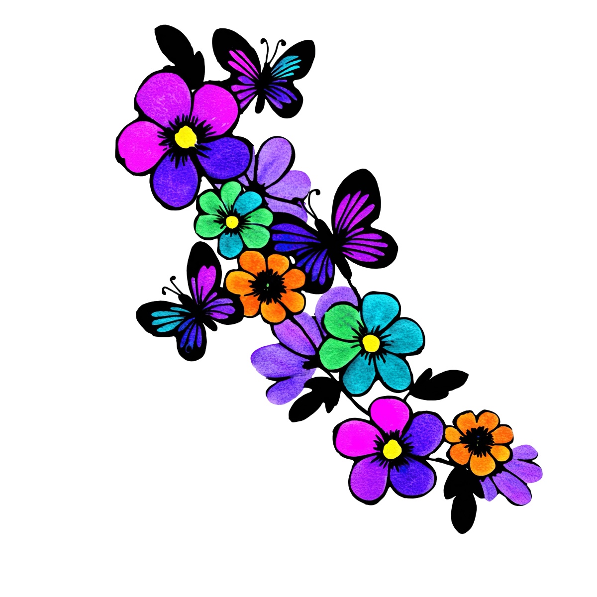 Image of colorful butterflies and flowers on a black background.