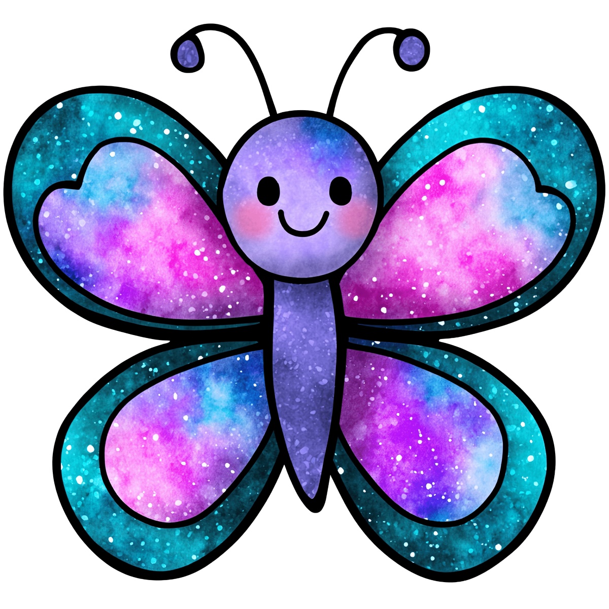 Illustration of a butterfly with galaxy-patterned wings in blue, purple, and pink.