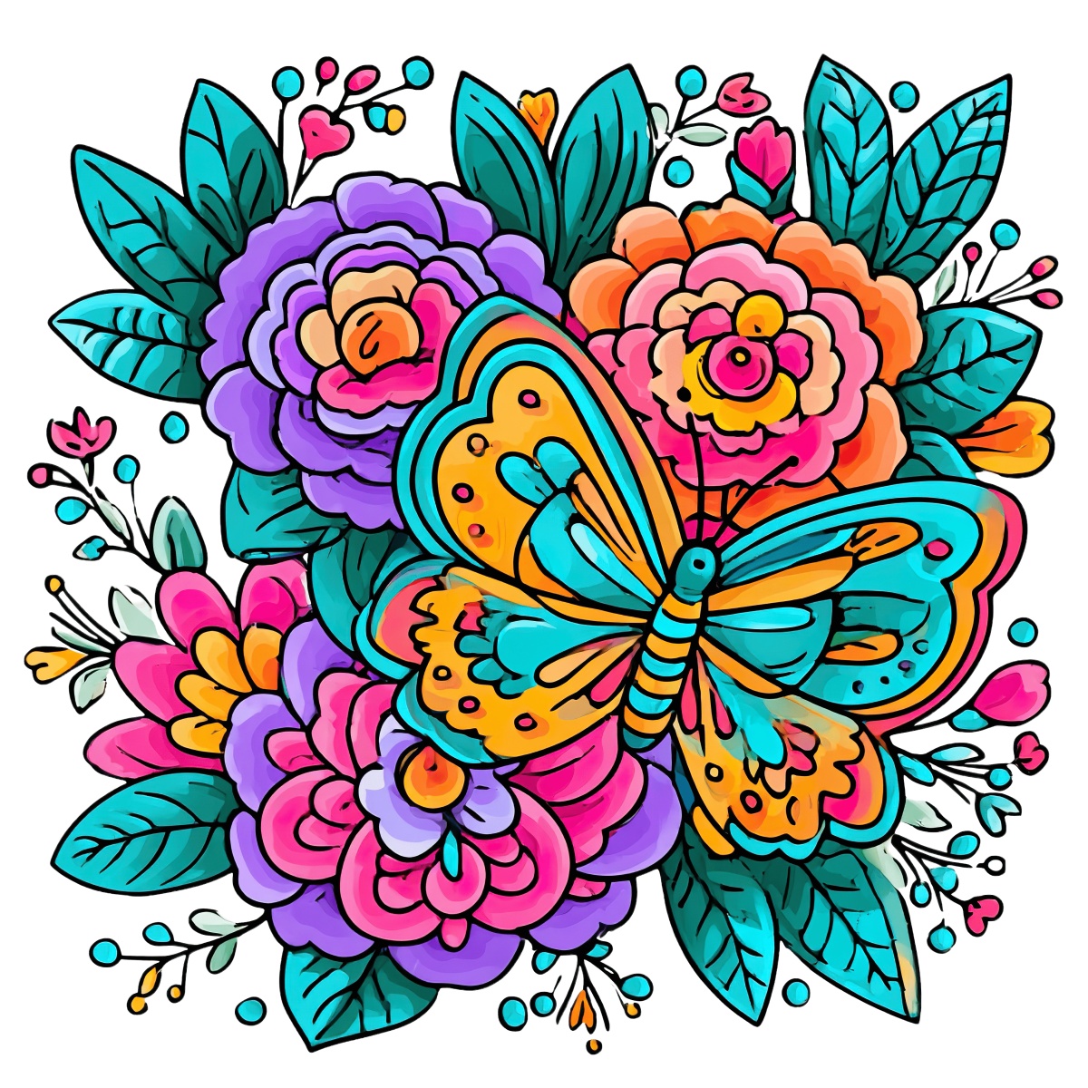 Image of a colorful butterfly among vibrant flowers and leaves in clipart style.