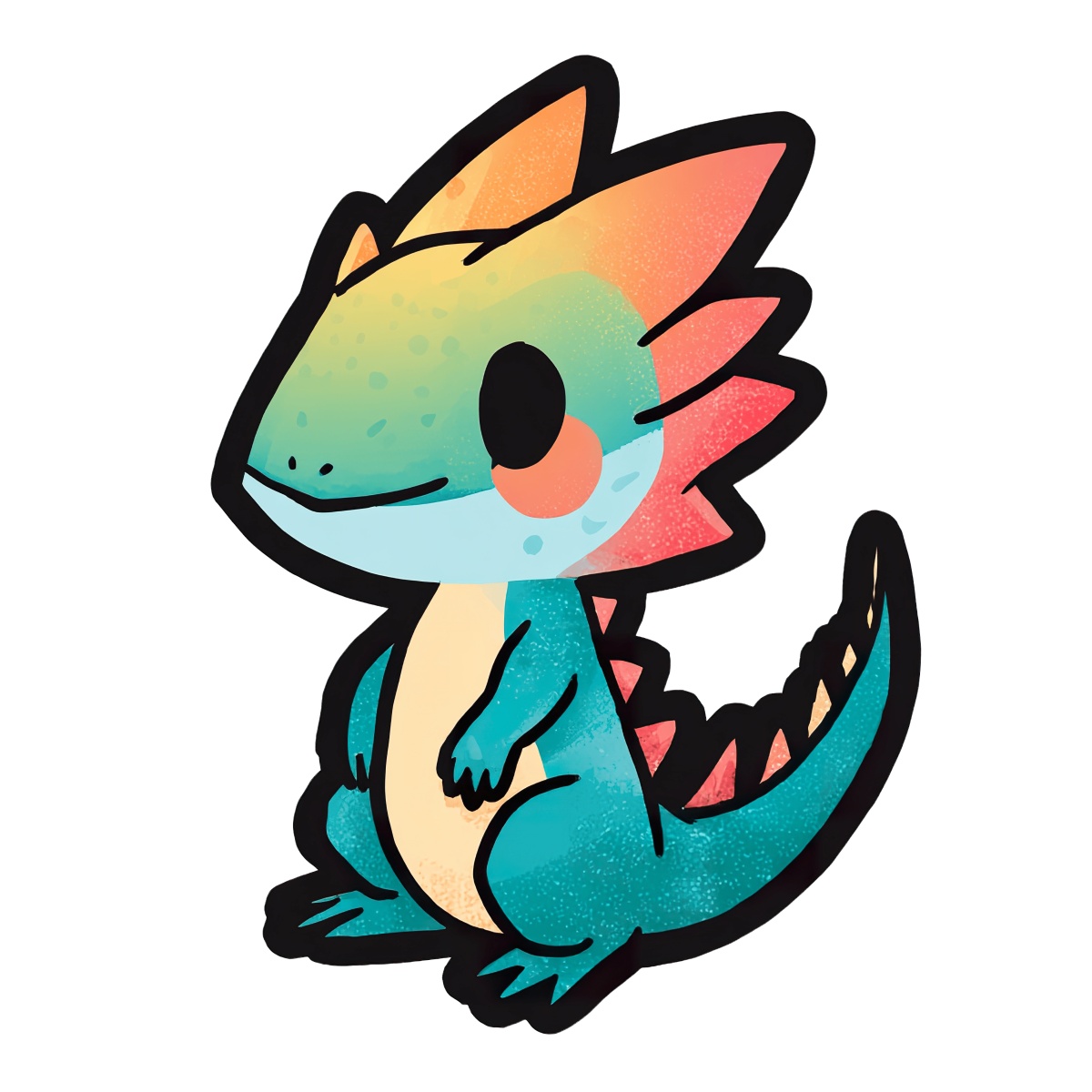 Cartoon dinosaur with teal and orange hues, standing upright.